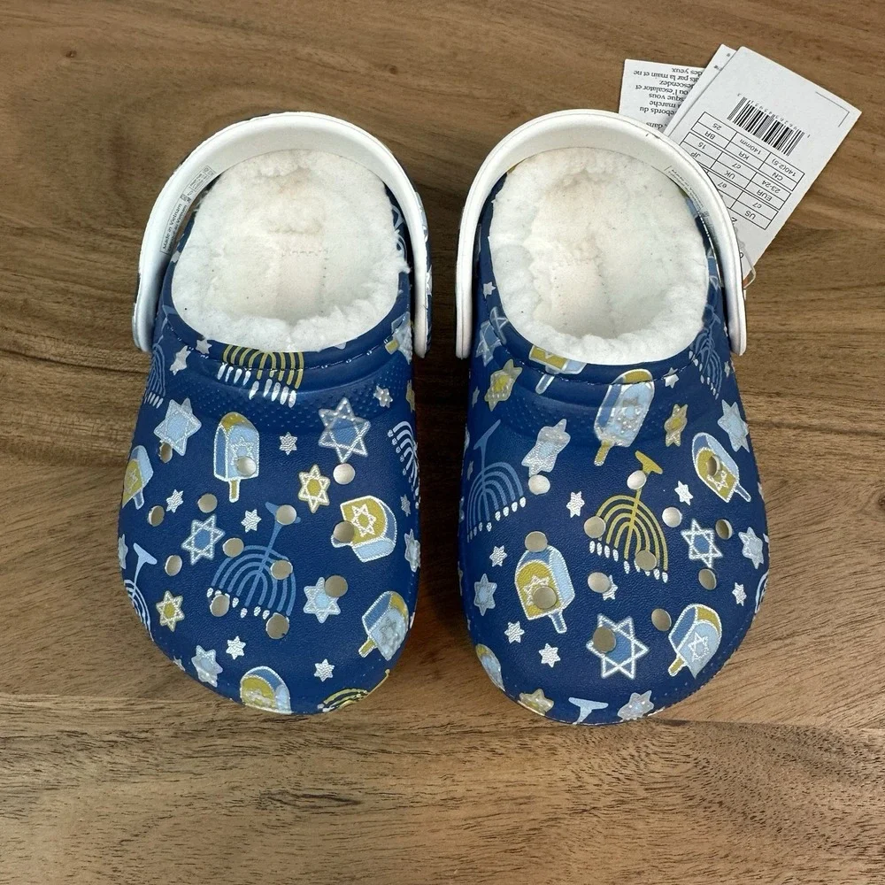 New Little Kids Crocs Classic Lined‎ Blue Hanukkah Clogs Shoes Sandals Size 7 C